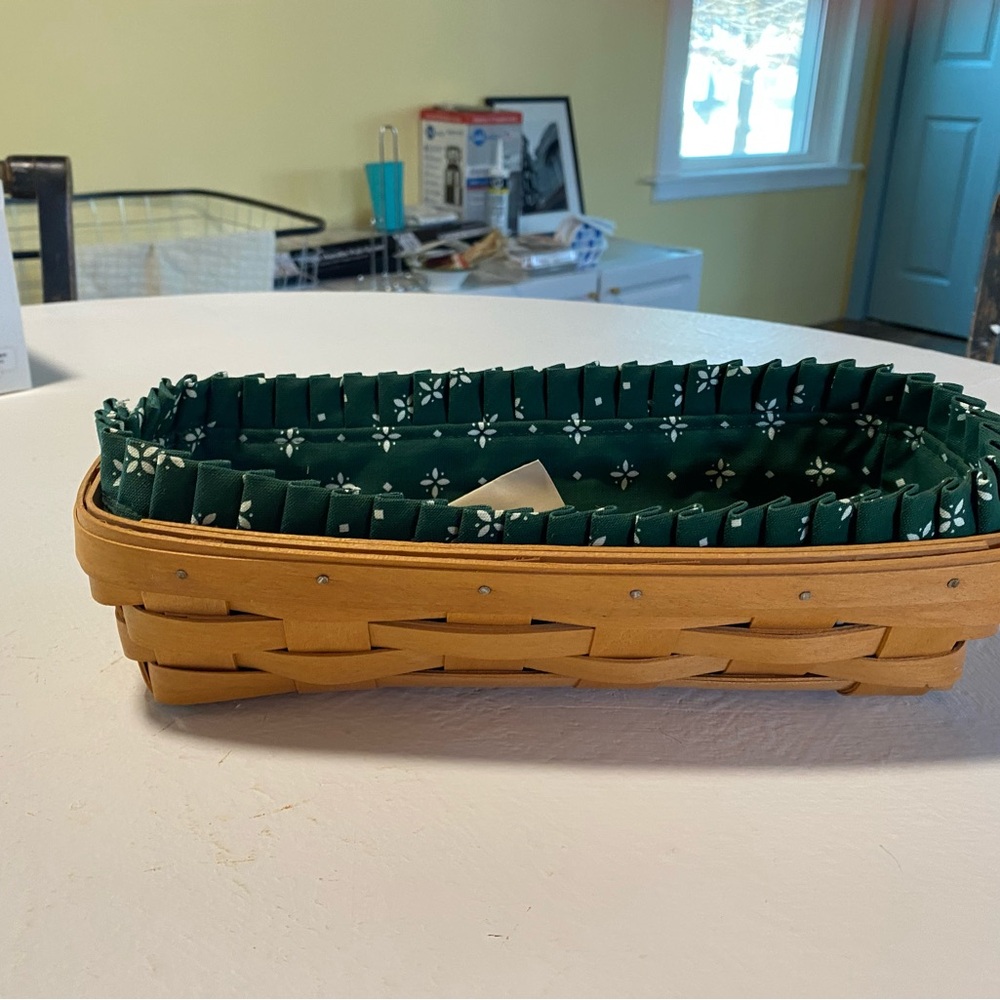 NWT LONGABERGER Green and Brown Bread Basket with Patterned Liner and Handles - Picture 5 of 10